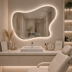 Oglindă LED moderna 80x60, design fluid, cu touch si iluminare ambientala