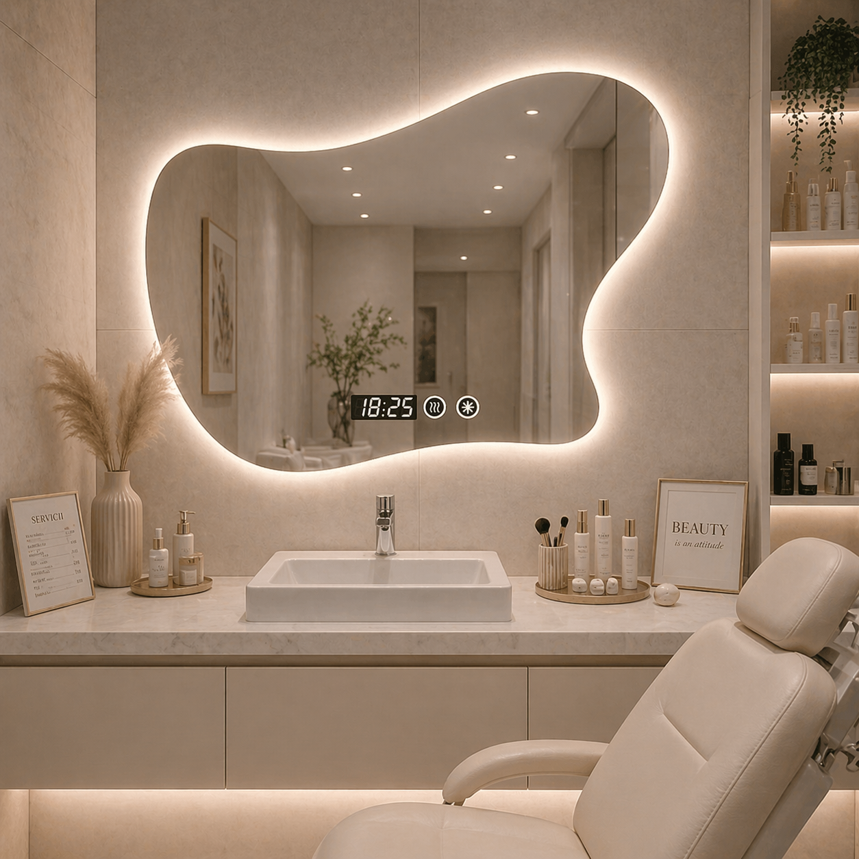 Oglindă LED moderna 80x60, design fluid, cu touch si iluminare ambientala