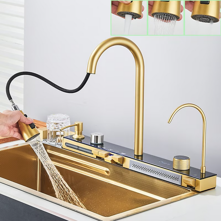 Chiuveta multifunctionala cu 2 cascade cu accesorii incluse, afisaj digital a temperaturii si robinet cascada,