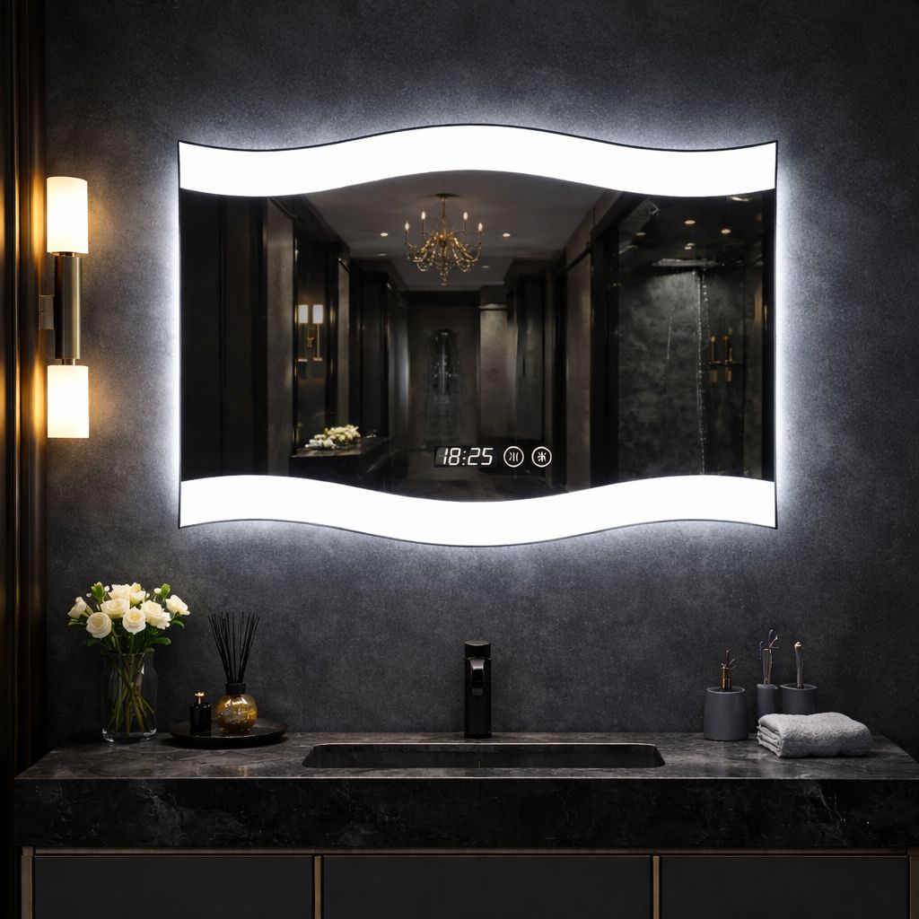 Oglindă LED 60 x 80 cm cu Design Ondulat, Ceas si Dezaburire