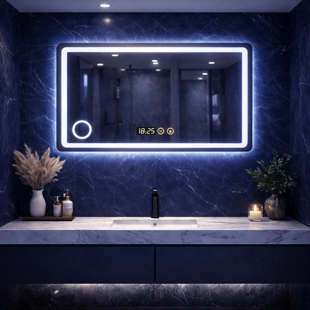 Oglindă LED premium, 90x70 cm, iluminare reglabila, lupa, touch, dezaburire, ceas