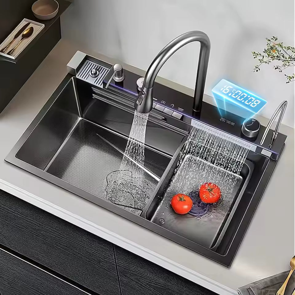 Chiuveta Bucătărie Multifunctionala Negru Grafit cu 2 Cascade, Robinet Cascada, Afisaj Digital Temperatura