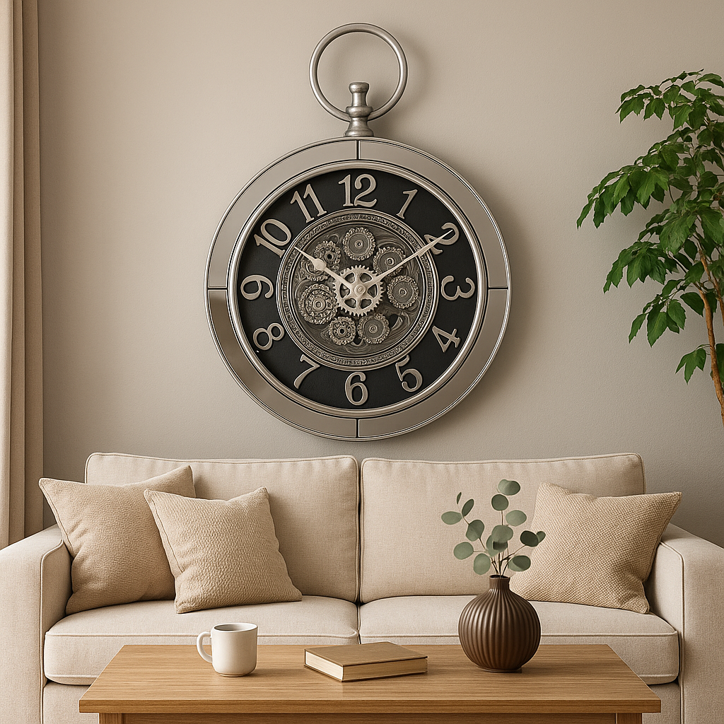Ceas de Perete Stil Vintage – Design cu Mecanisme Vizibile, Carcasa Metalica cu Oglindă si Detalii Premium