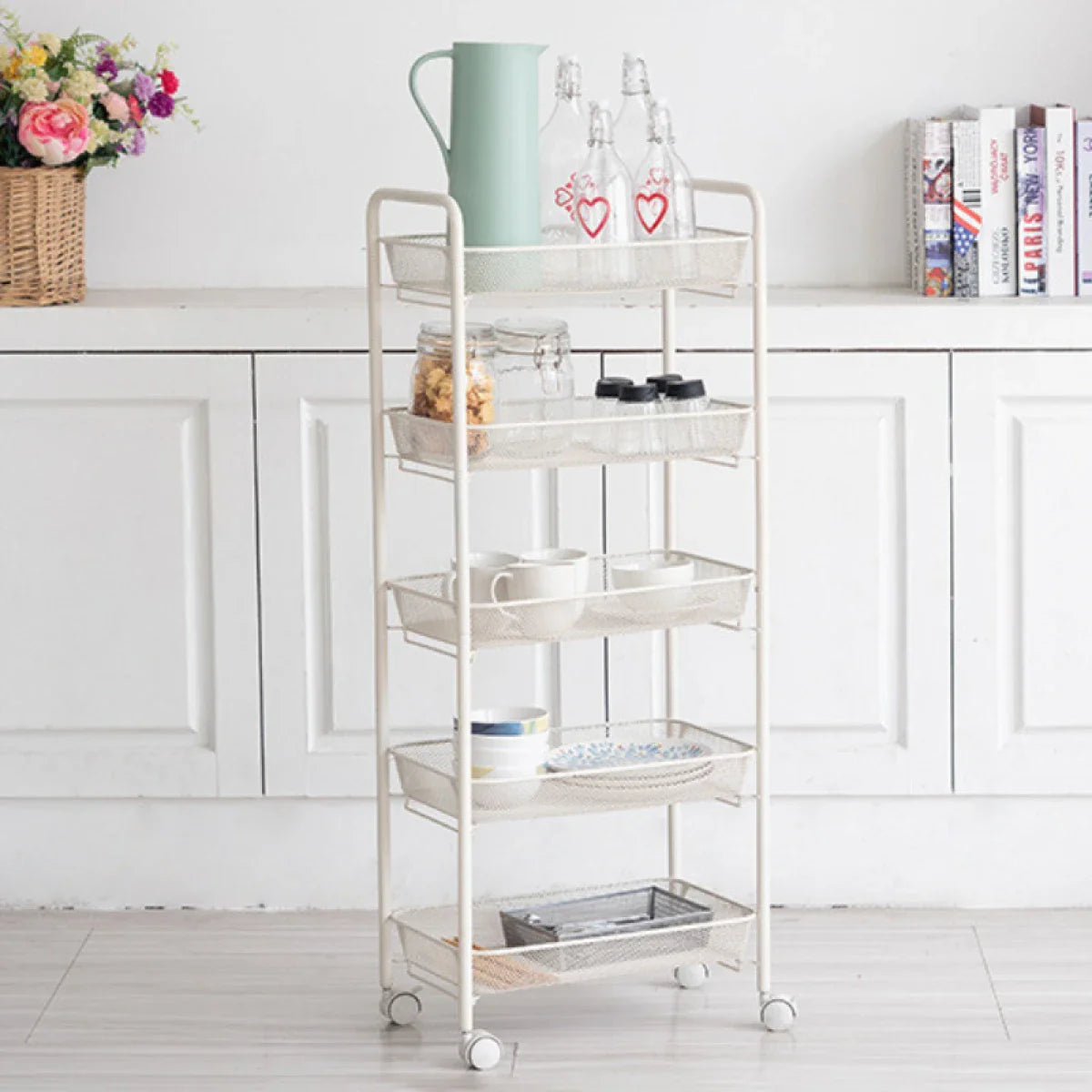 Raft slim portabil din metal, cu roti, 5 nivele, 45 x 27 x 105 cm Imagine principală a produsului