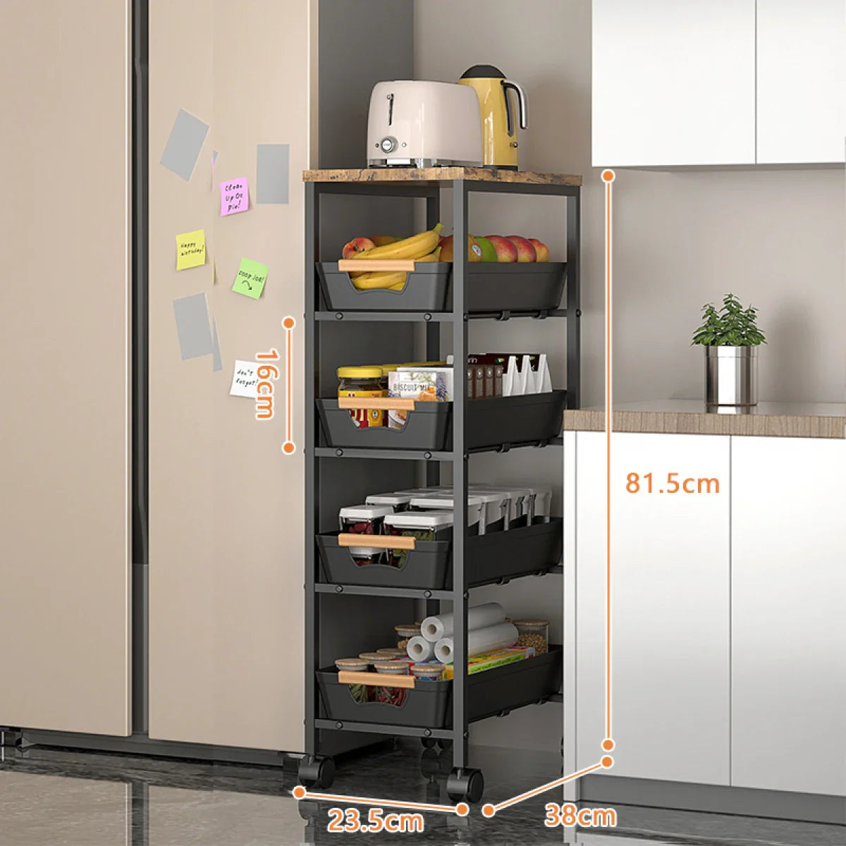 Suport slim portabil cu 5 nivele, 4 rafturi retractabile si 1 polita din MDF, rotativ 360°, 38x 23.5 x 81.5 cm Imagine principală a produsului