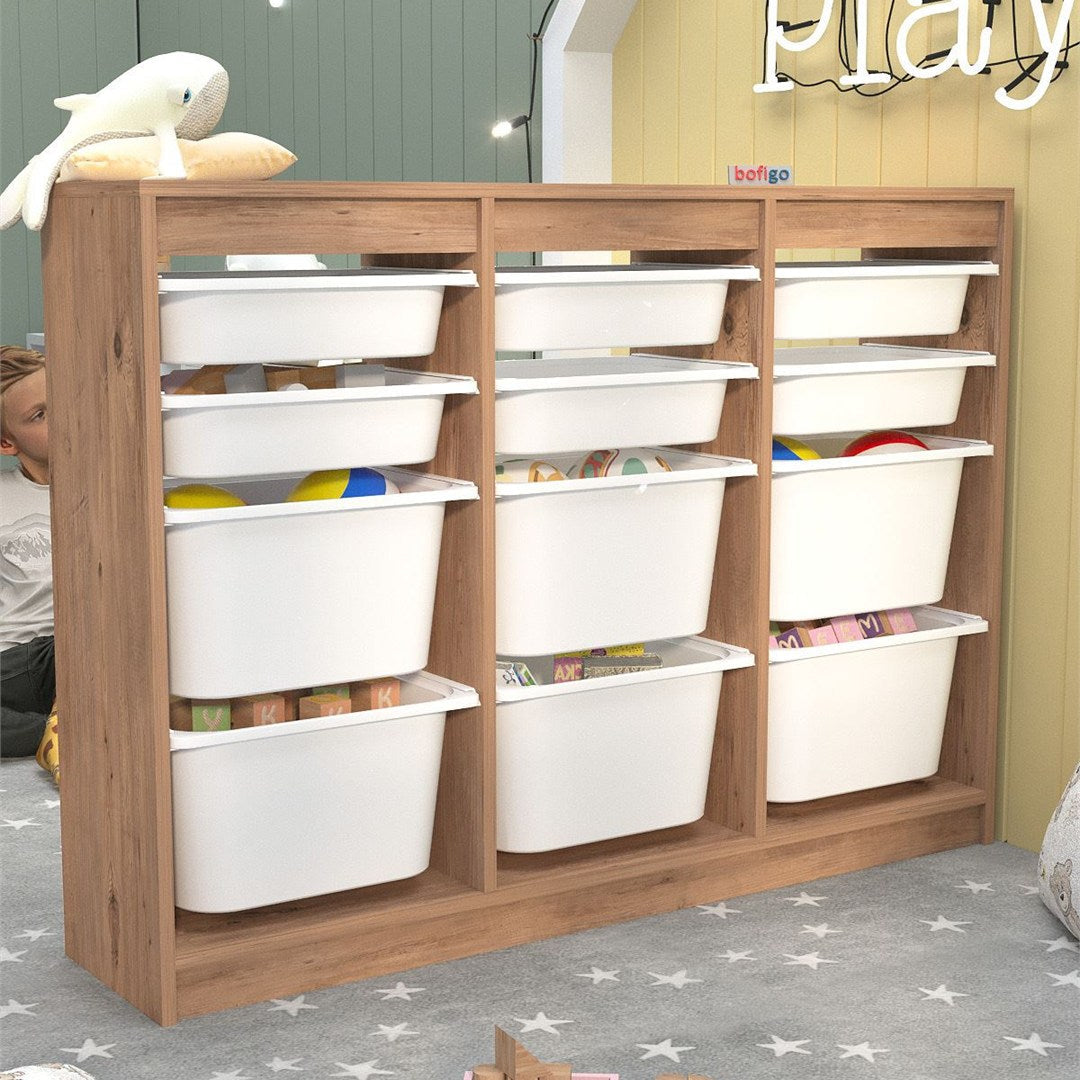 Dulap Lara multifunctional cu 12 cosuri textile, organizator cu cadru metalic anti-rugina, capacitate maxima