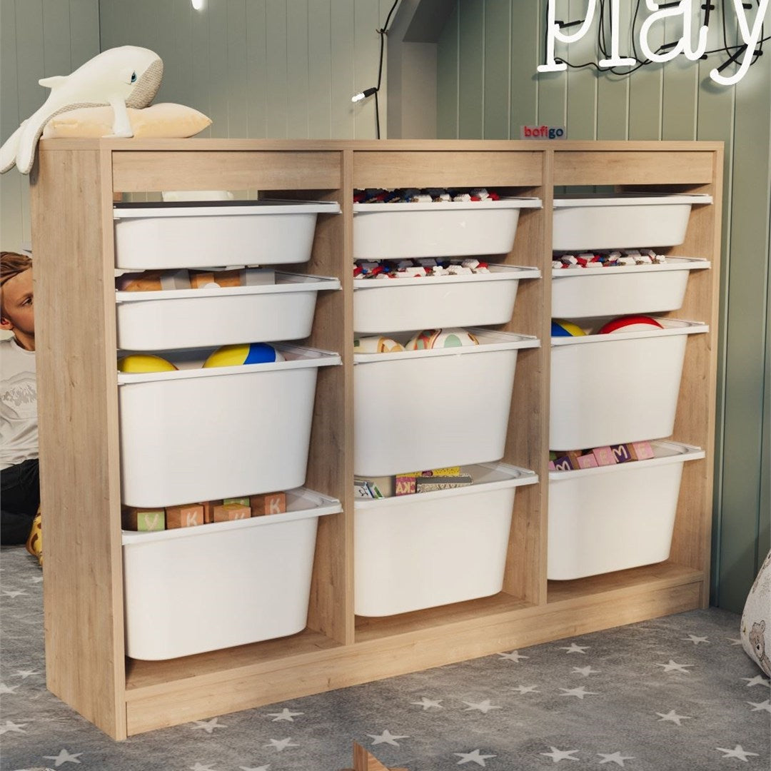 Dulap Lara multifunctional cu 12 cosuri textile, organizator cu cadru metalic anti-rugina, capacitate maxima