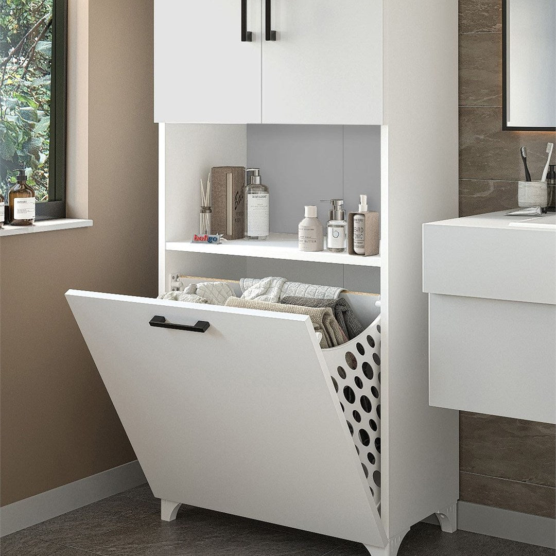 Dulap baie Damla inalt 60 x 175 cm, mobilier baie cu rafturi si cos de rufe integrat, PAL melaminat 18 mm