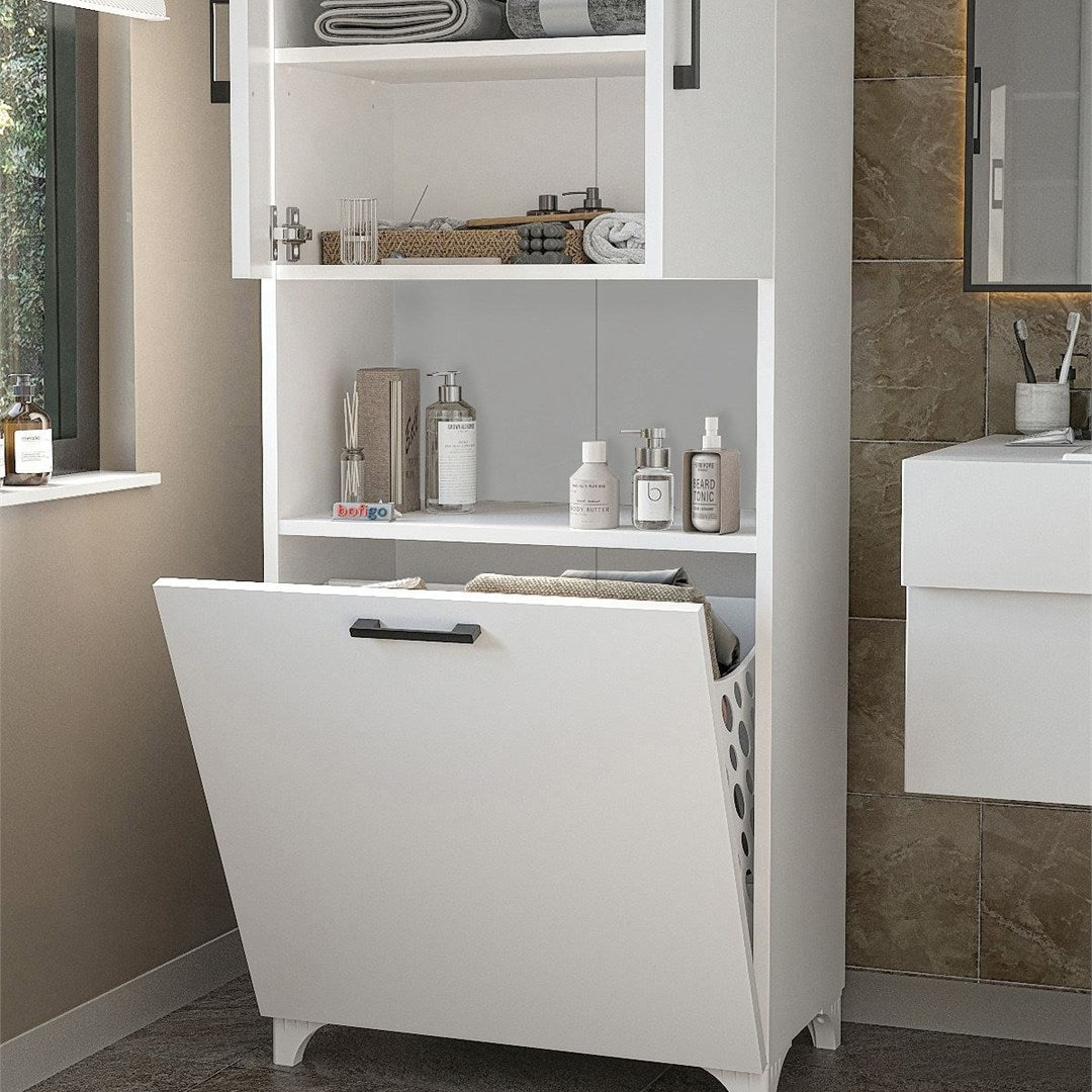 Dulap baie Damla inalt 60 x 175 cm, mobilier baie cu rafturi si cos de rufe integrat, PAL melaminat 18 mm