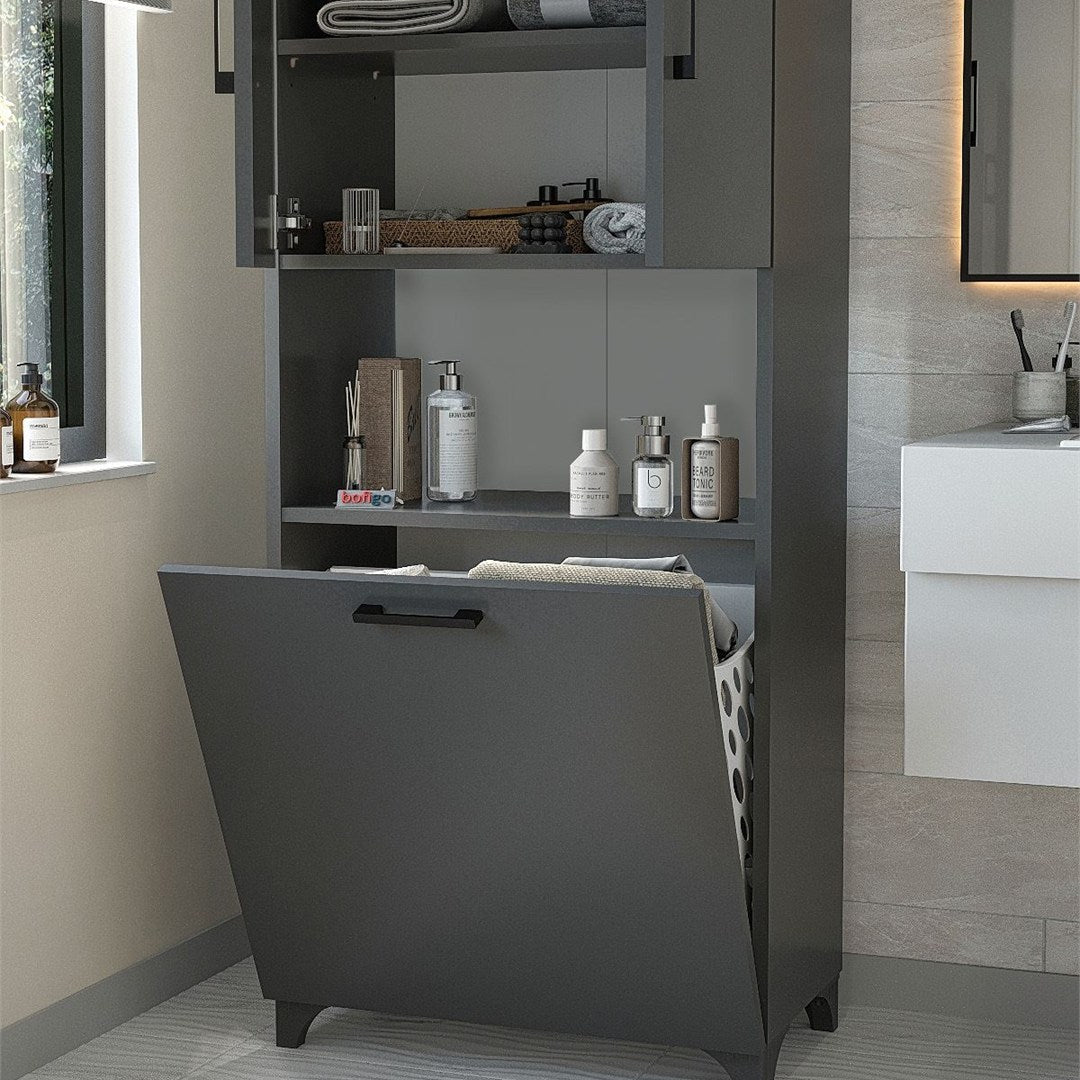 Dulap baie Damla inalt 60 x 175 cm, mobilier baie cu rafturi si cos de rufe integrat, PAL melaminat 18 mm