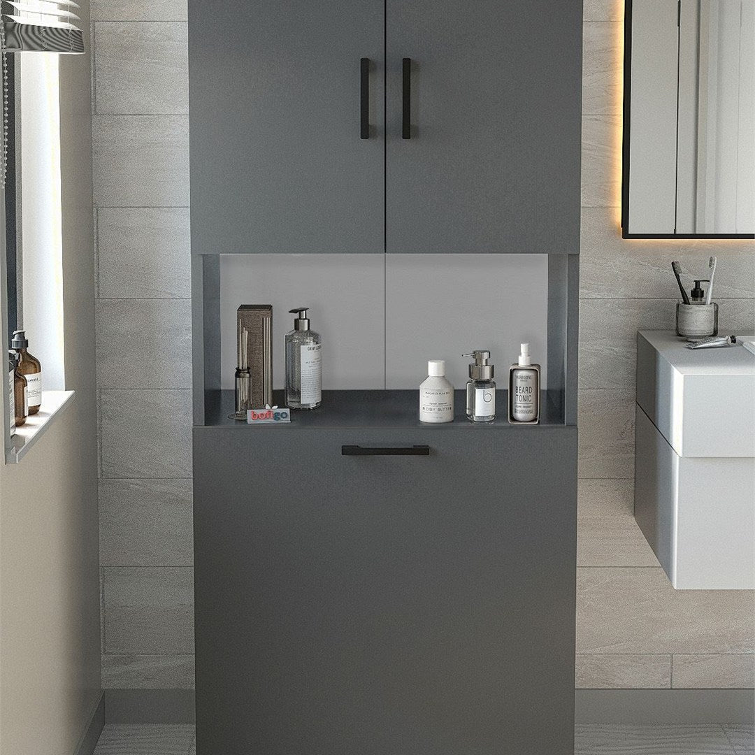 Dulap baie Damla inalt 60 x 175 cm, mobilier baie cu rafturi si cos de rufe integrat, PAL melaminat 18 mm