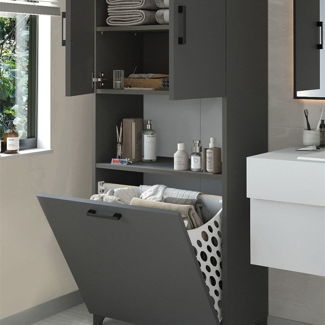 Dulap baie Damla inalt 60 x 175 cm, mobilier baie cu rafturi si cos de rufe integrat, PAL melaminat 18 mm