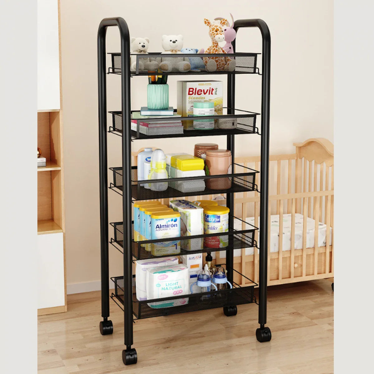 Raft slim portabil din metal, cu roti, 5 nivele, 45 x 27 x 105 cm Imagine secundară a produsului