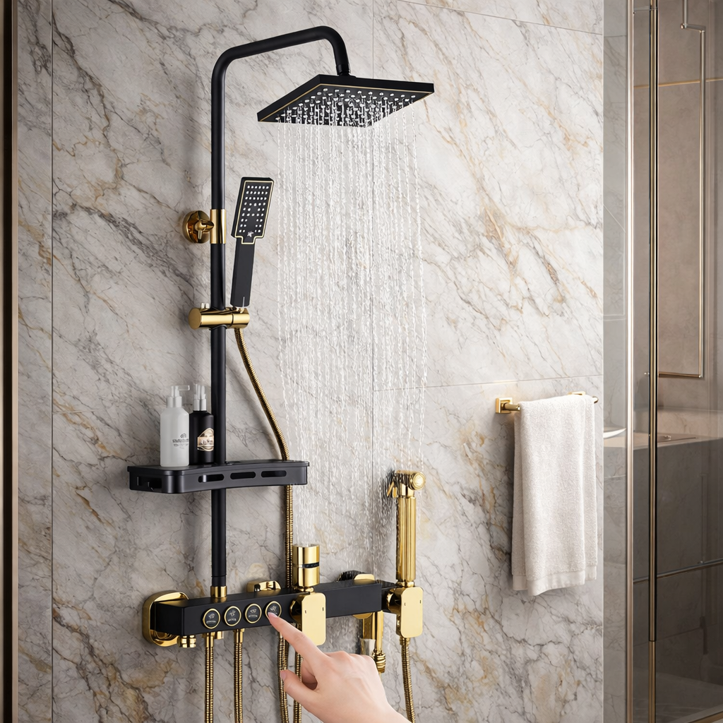 Coloana de dus premium cu 4 functii, baterie, cap dus patrat tip ploaie