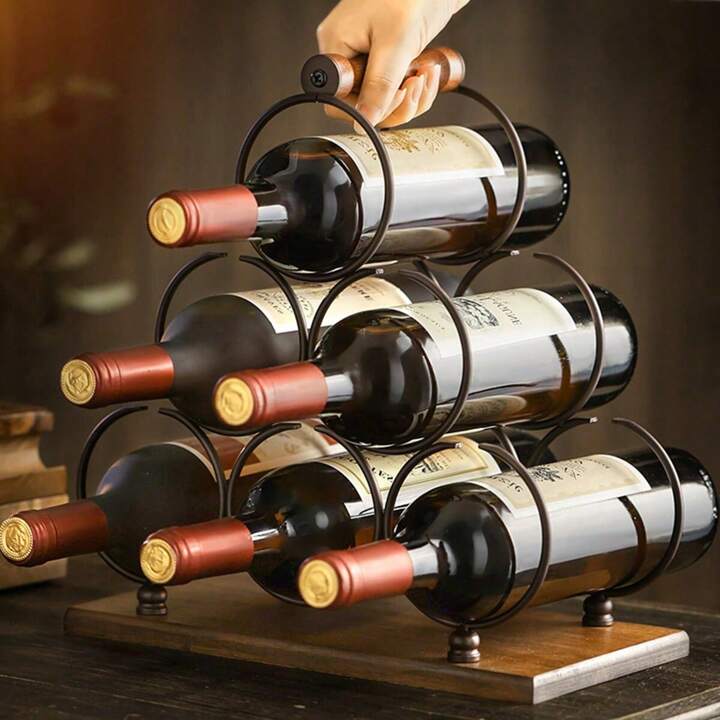 Suport pentru 6 sticle de vin, design modern, lemn natural si otel, 32.5 x 16 x 30 cm Imagine principală a produsului