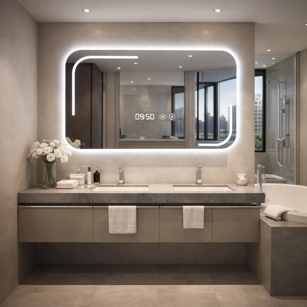 Oglindă LED baie 60x80 cm cu ceas digital, dezaburire si 3 faze de lumina Imagine principală a produsului