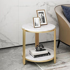 Masuta rotunda pe 2 nivele, blat tip piatra, cadru metalic auriu, design elegant, 60x30 cm