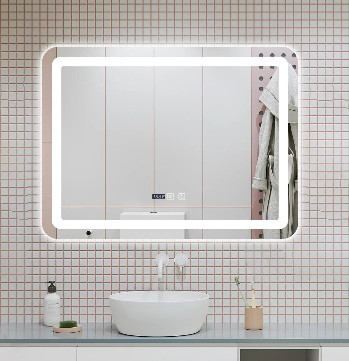 Oglindă LED pentru baie 60x80 cm, sistem Dezaburire, Senzor Touch, Ceas, Trei Tipuri de Lumina