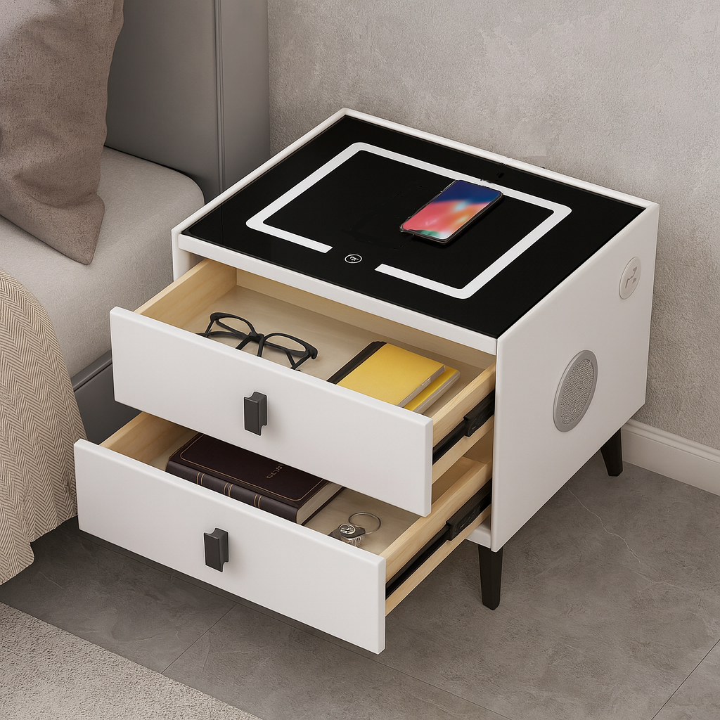 Noptiera Smart Multifunctionala, iluminare LED tactil cu 3 culori, incarcare wireless si USB