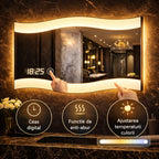 Oglindă LED 60 x 80 cm cu Design Ondulat, Ceas si Dezaburire