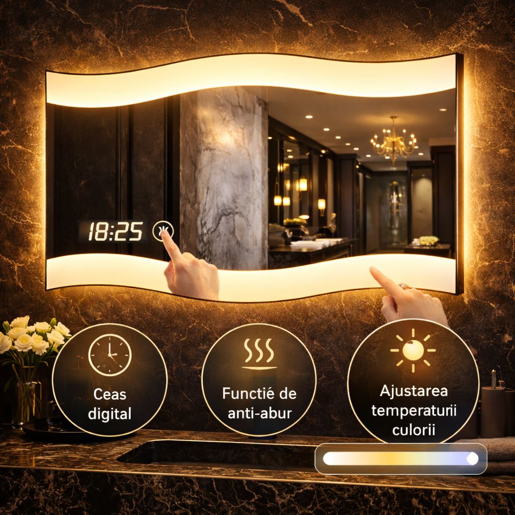 Oglindă LED 60 x 80 cm cu Design Ondulat, Ceas si Dezaburire