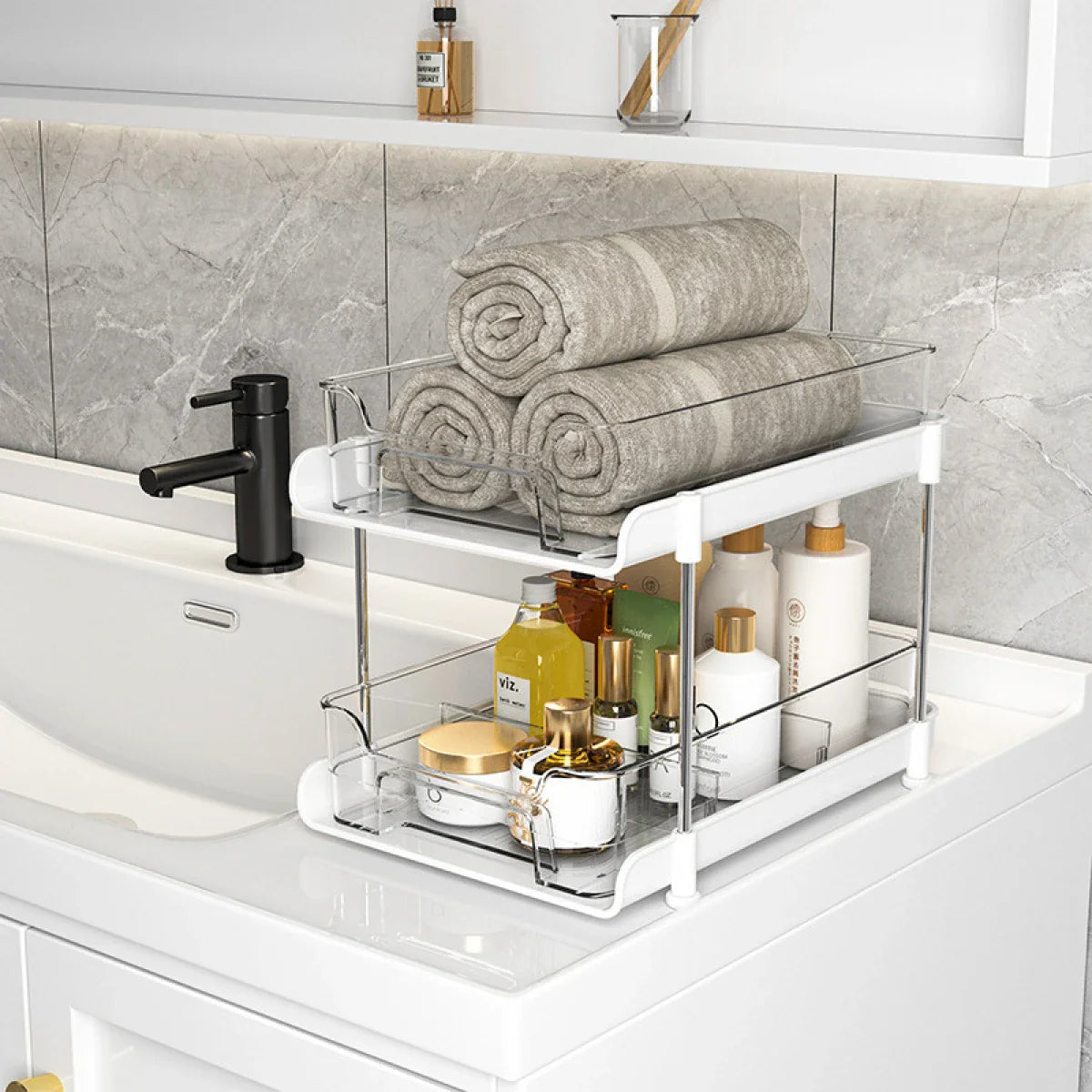Suport cu 2 rafturi retractabile, 2 nivele si 6 compartimente de depozitare, 29 x 20 x 23 cm, alb Imagine principală a produsului