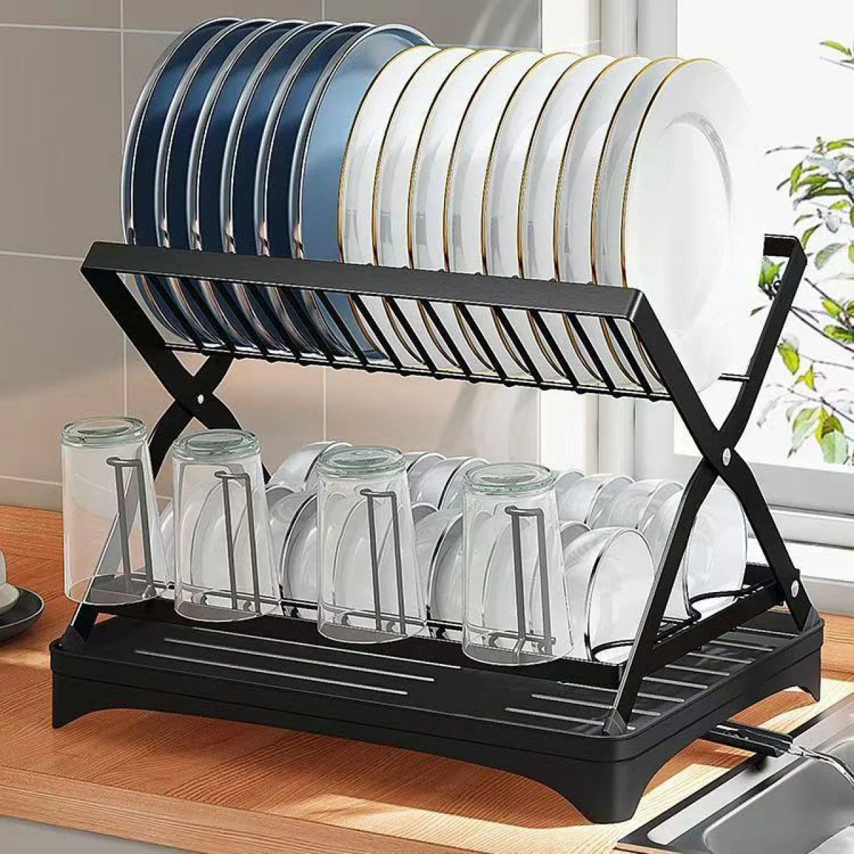 Scurgator vase cu 2 nivele, pliabil, sistem de scurgere, 42 (L) cm x 30 (l) cm x 29.5 (H) cm, negru Imagine secundară a produsului