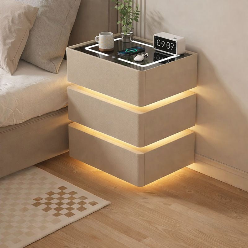 Noptiera inteligenta multifunctionala cu 3 sertare, LED tactil 3 culori, incarcare wireless