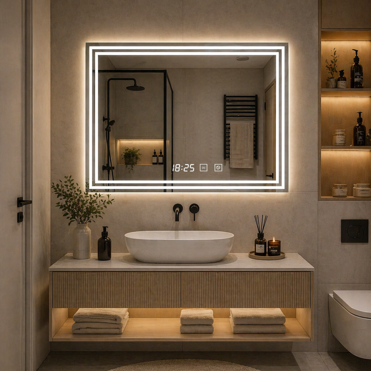 Oglindă LED moderna 80x60 cm cu 2 benzi integrate, touch, dezaburire si ceas digital