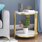 Masuta rotunda pe 2 nivele, blat tip piatra, cadru metalic auriu, design elegant, 60x30 cm