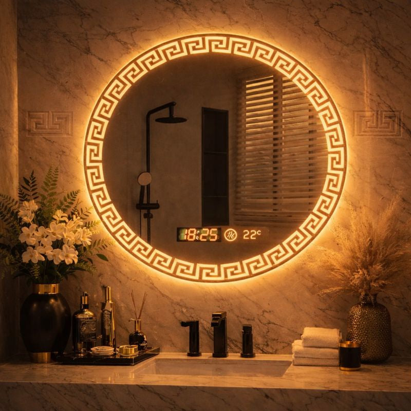 Oglindă LED baie cu iluminare ambientala, functie anti-aburire, ceas si temperatura, 60 cm