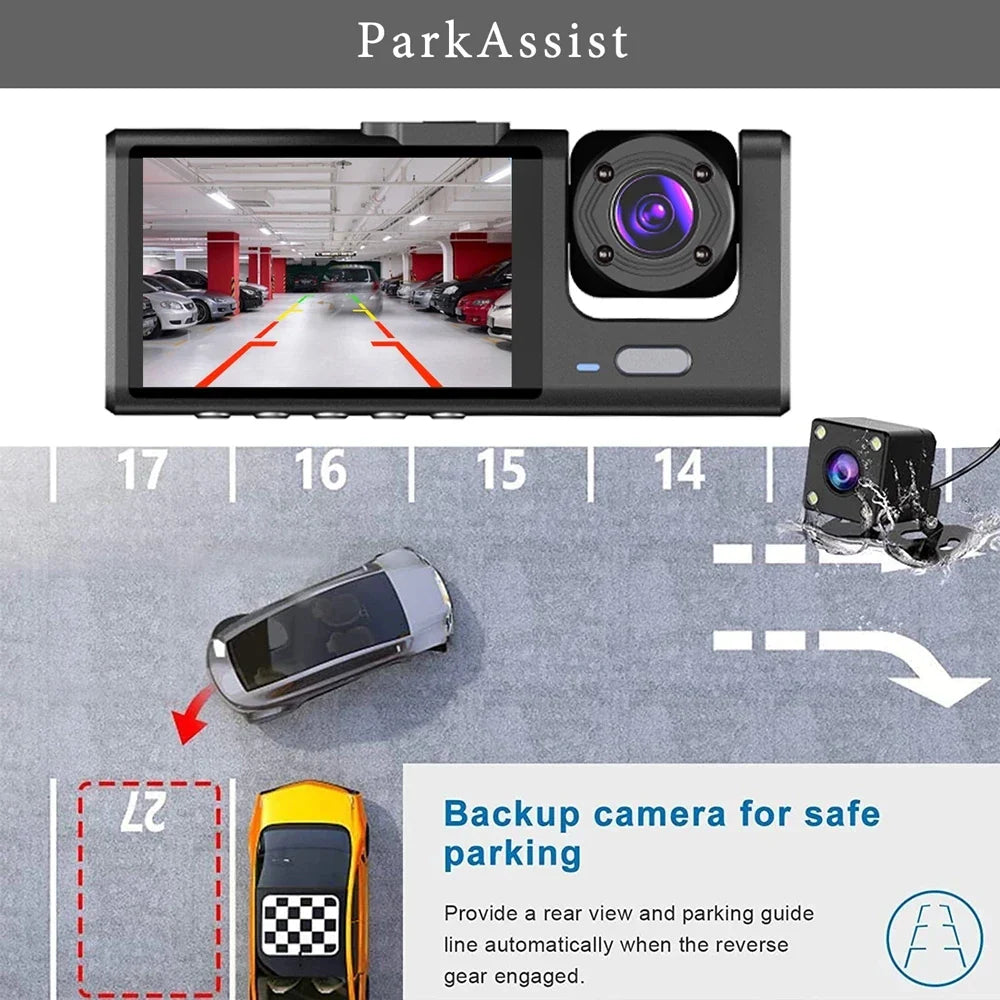 RESIGILAT - Camera auto tripla FullHD, 3 camere-fata/spate/interior, ecran 2'', G Senzor