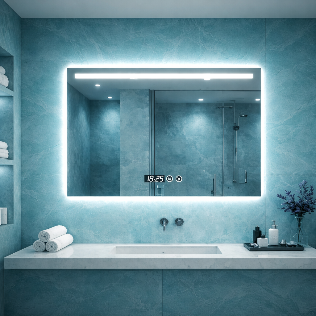 Oglindă LED, cu ceas digital si dezaburire, iluminare reglabila touch, 90x70 cm