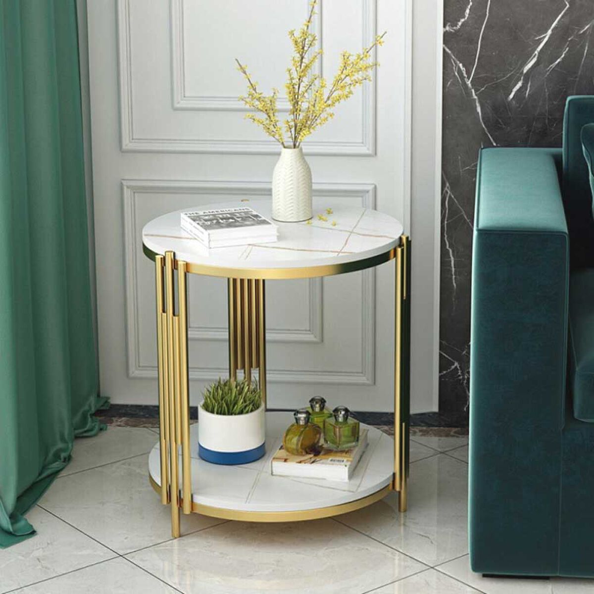 Masuta rotunda pe 2 nivele, blat tip piatra, cadru metalic auriu, design elegant, 60x30 cm Imagine secundară a produsului