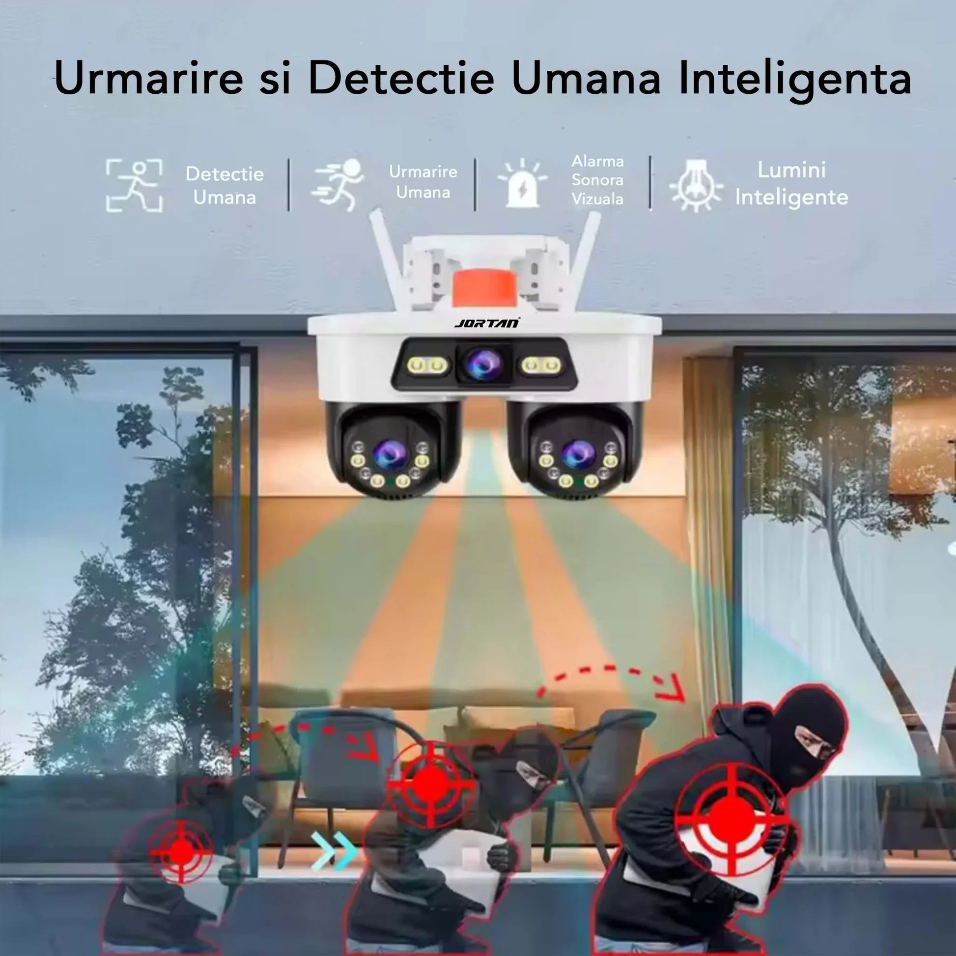 Cameră de supraveghere JORTAN, WIFI, Tripla, 9MP, PTZ 355°, 3 Lentile, IP66, Audio Bidierctional