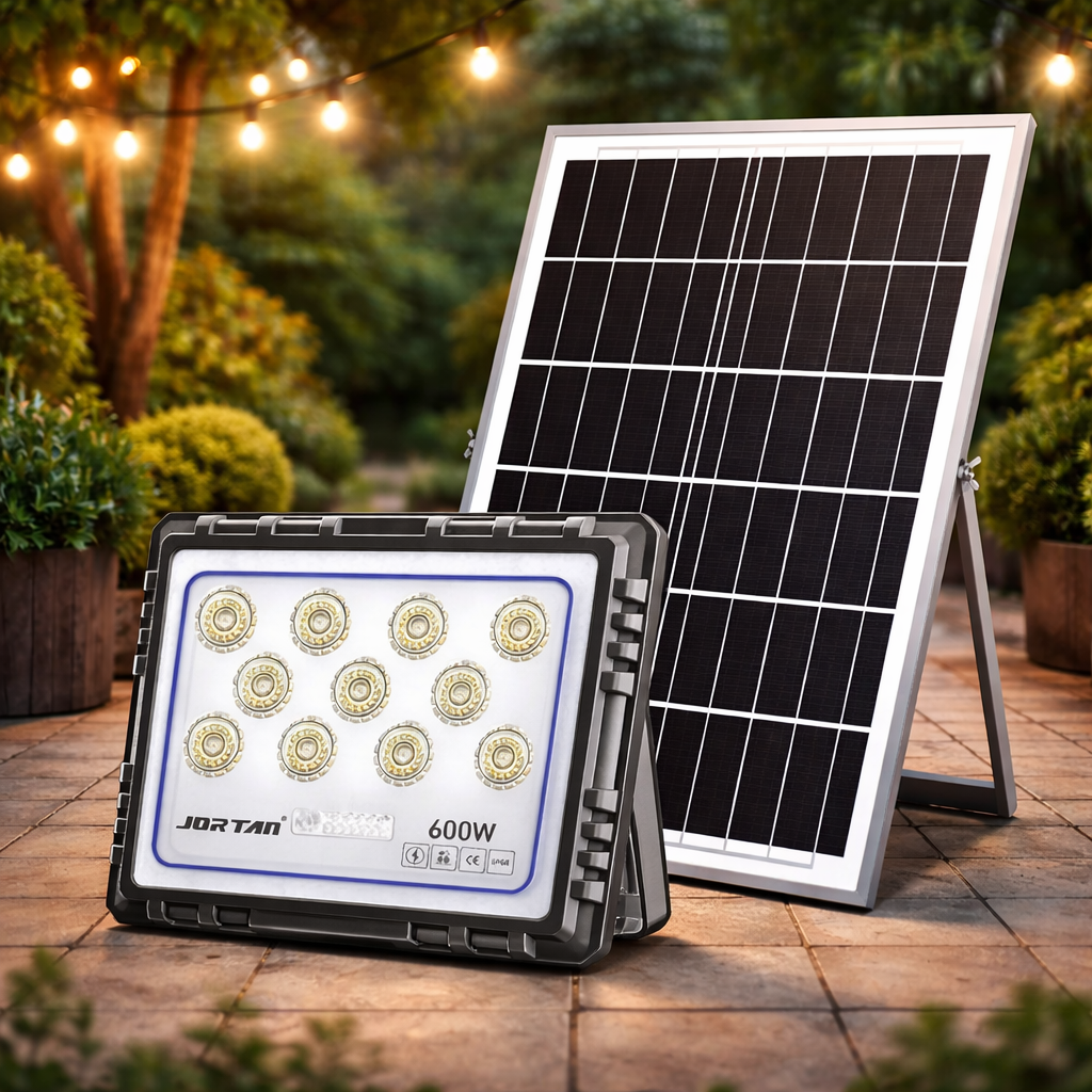 Proiector solar LED Jortan 600/800/1000W cu panou solar, telecomanda, IP66, iluminare exterior Imagine principală a produsului