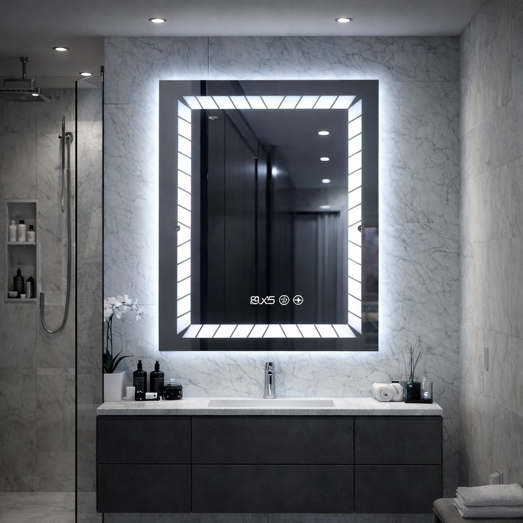Oglindă LED cu ceas digital si dezaburire, lumina reglabila touch, 60x80 cm