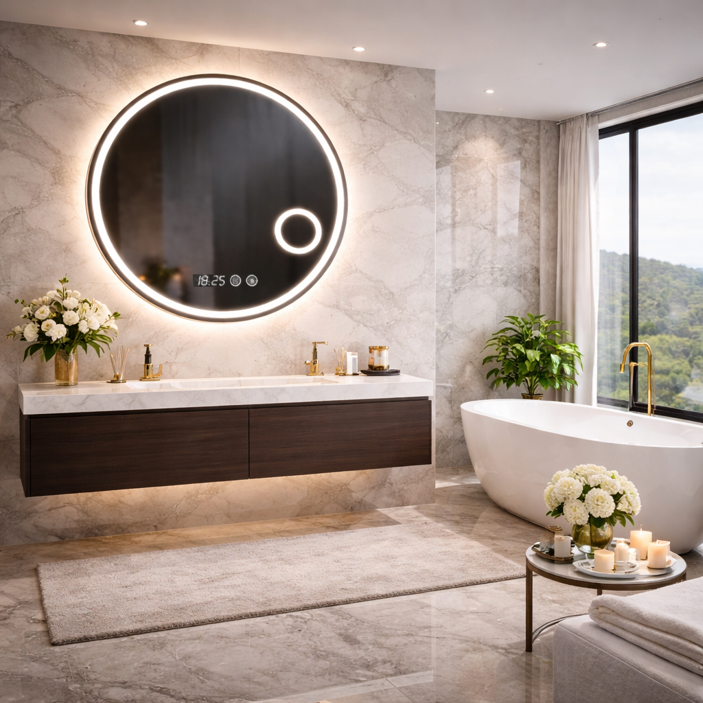 Oglindă LED Rotunda 70 cm cu Ceas, Dezaburire si Lupa Cosmetica