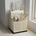 Suport ustensile Bucătărie, recipient cutite, 3 compartimente, plastic, 21 x 16 x 15 cm, alb