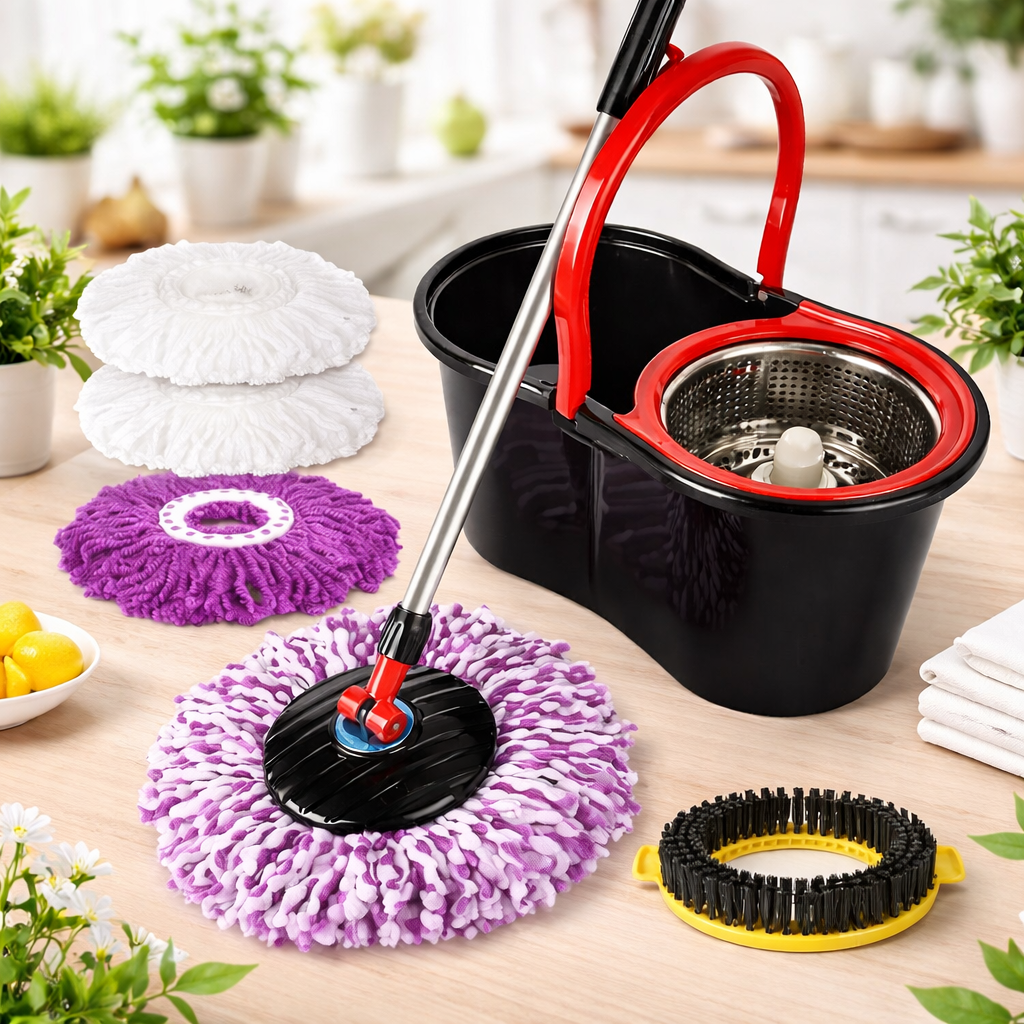 Set Mop Rotativ 8 litri, Cuva din Inox, 4 Rezerve Diferite + Perie Rosturi Imagine principală a produsului