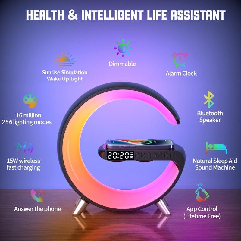 Statie incarcare wireless 3 in 1 cu Lampă RGB si boxa bluetooth, control aplicatie