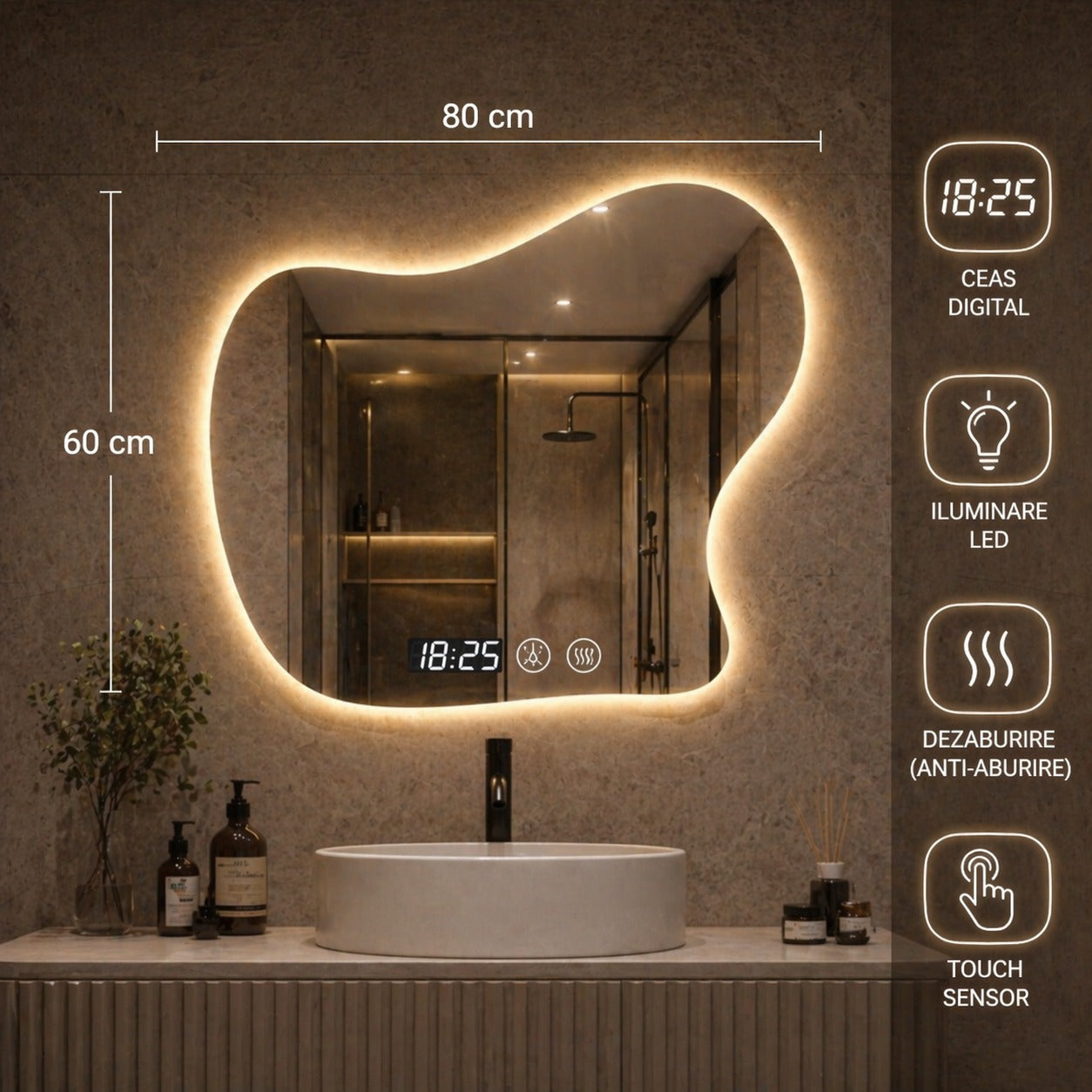 Oglindă LED moderna 80x60, design fluid, cu touch si iluminare ambientala