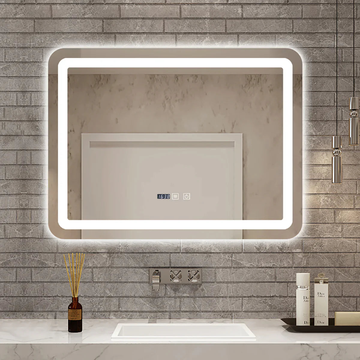 Oglindă LED pentru baie 60x80 cm, sistem Dezaburire, Senzor Touch, Ceas, Trei Tipuri de Lumina