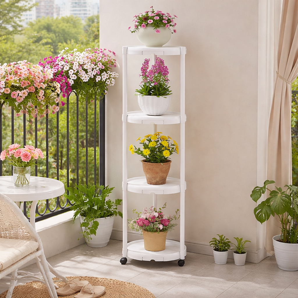 Suport multifunctional pentru flori si plante cu 4 niveluri pe roti 132 cm Imagine principală a produsului