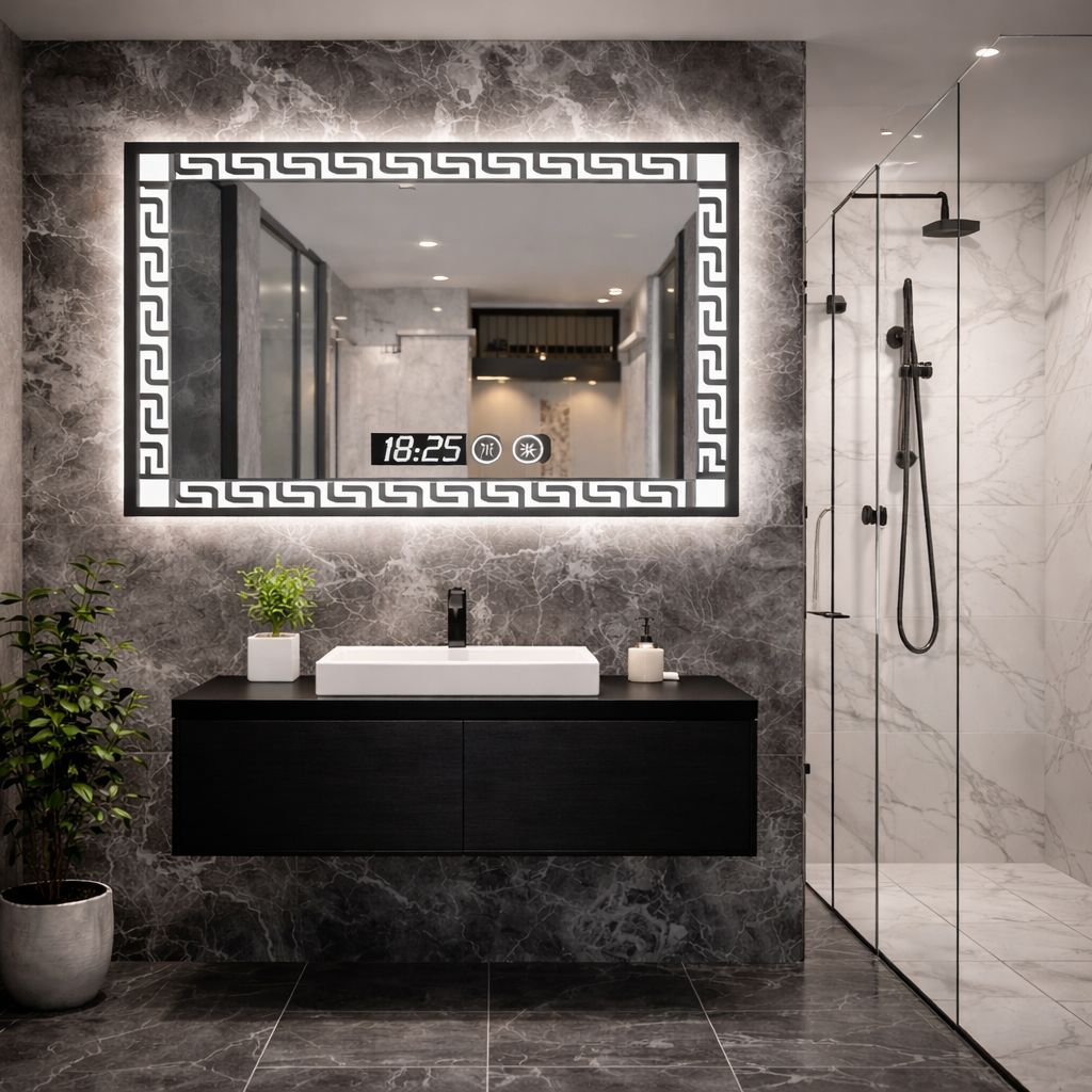 Oglindă LED Premium pentru Baie 80x60 cm Iluminare 3 Culori Ceas si Antiaburire