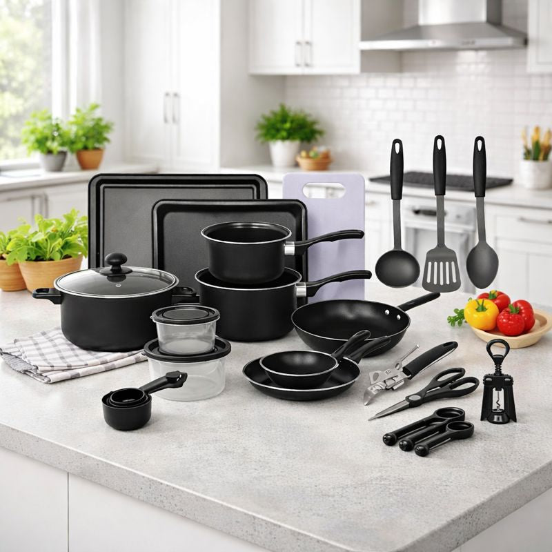 Set Bucătărie Complet, 22 Piese cu Oale, Tigai, Wok, Tavi si Accesorii pentru Gatit, Negru