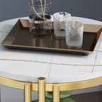 Masuta rotunda pe 2 nivele, blat tip piatra, cadru metalic auriu, design elegant, 60x30 cm