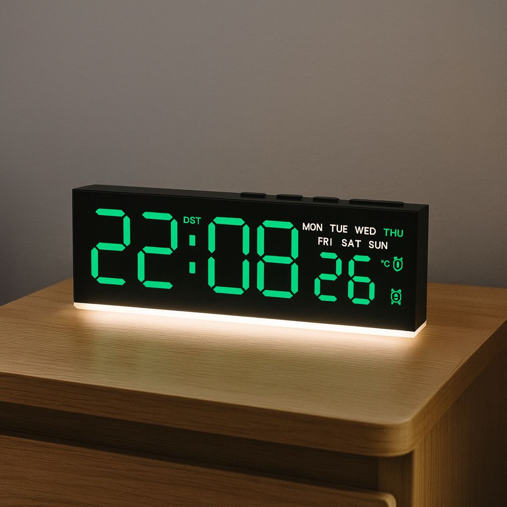 Ceas digital LED Full Screen Display cu alarma duala, temperatura, data si lumina ambientala – design ultra-slim Imagine secundară a produsului