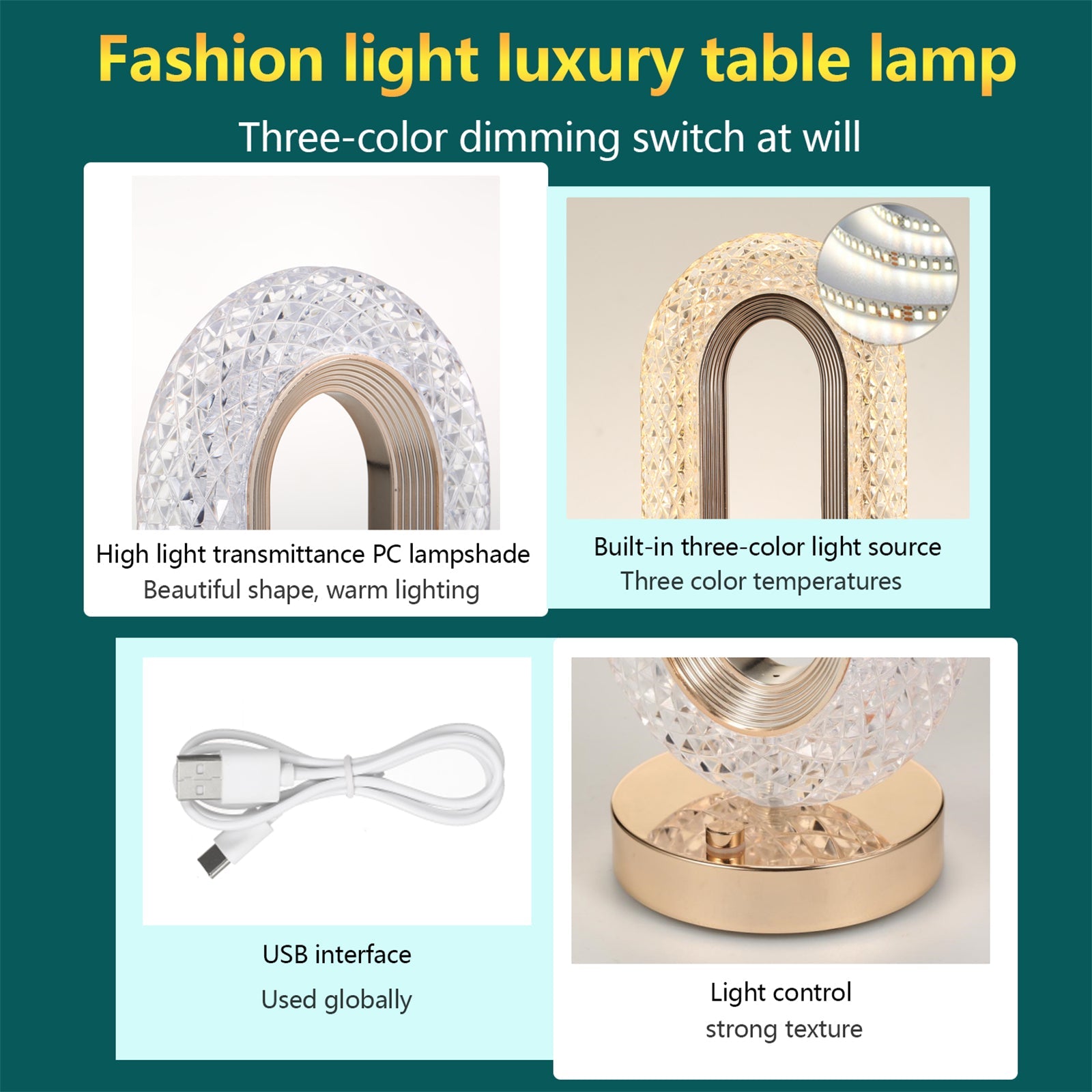 Lampă Diamond Crystal LED cu 3 temperaturi de culoare, alb rece, alb cald, neutru, culoare auriu