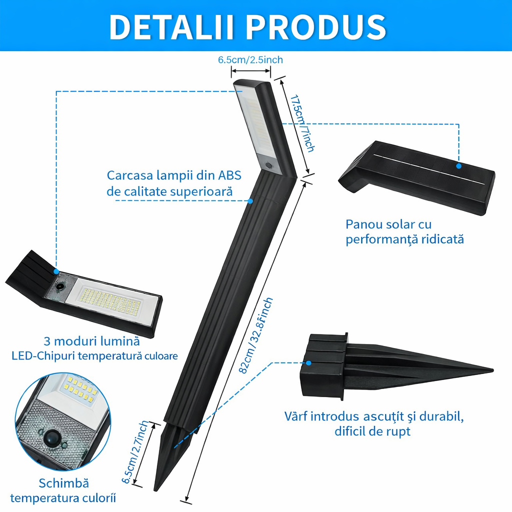 Lampă Solara LED pentru Gradina, 90 LED-uri, 3 Moduri Iluminare, Protectie IP65, Inaltime 83 cm, Culoare Negru